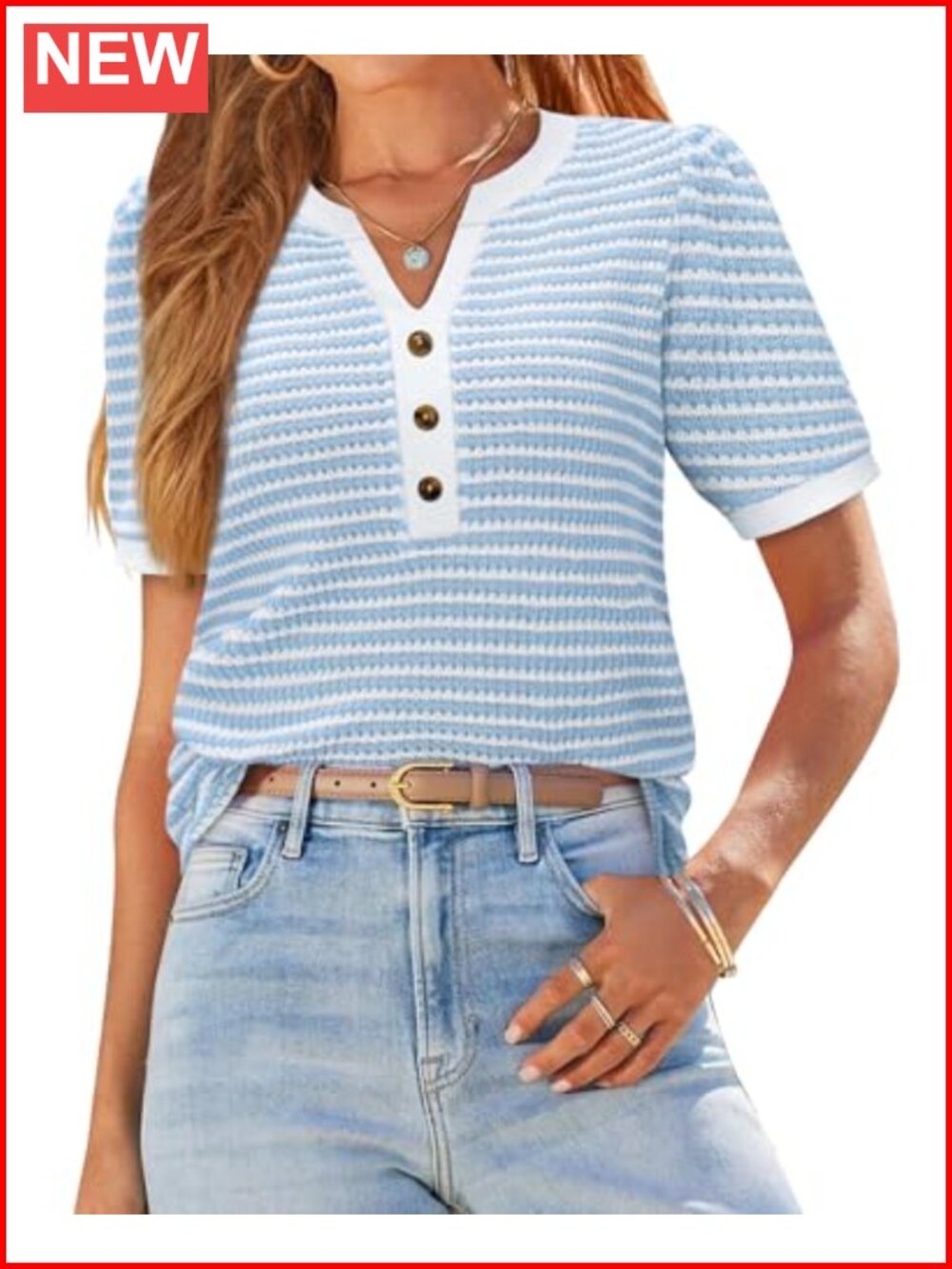 Puff Short Sleeve Waffle Knit V Neck Sweater Women Dressy Casual Top